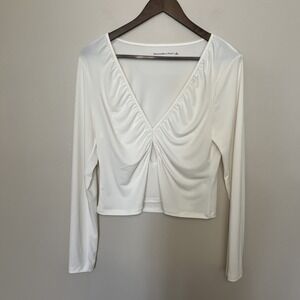 Abercrombie & Fitch Long Sleeve Ivory Top Deep V Neck Ruched Cutout Y2K Sz Large